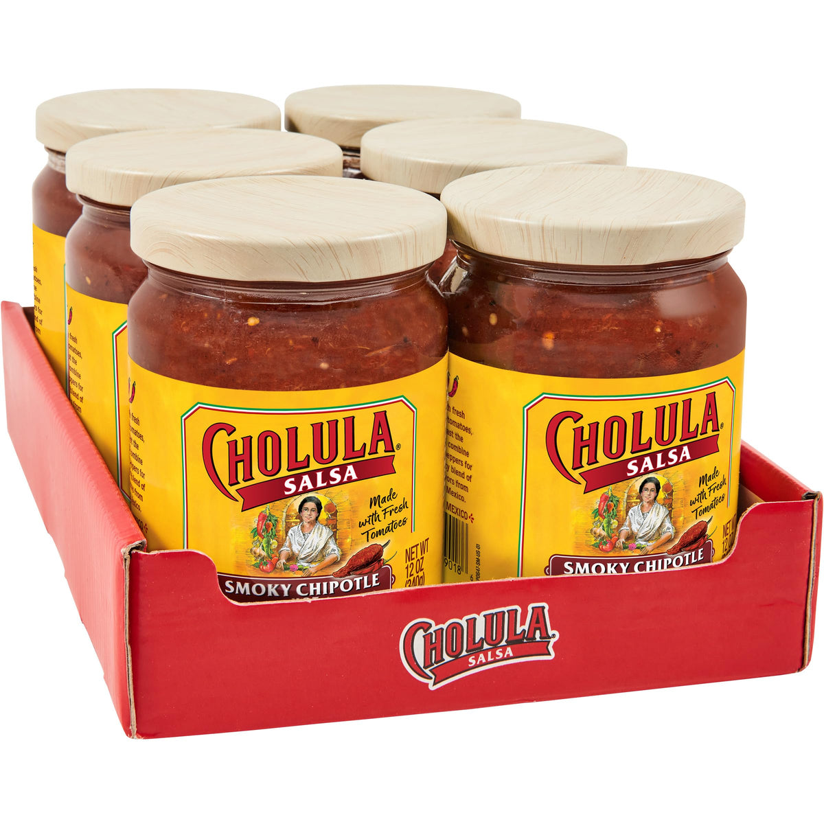 Cholula frasco frontal mostrando etiqueta y 12 oz para identificación rápida