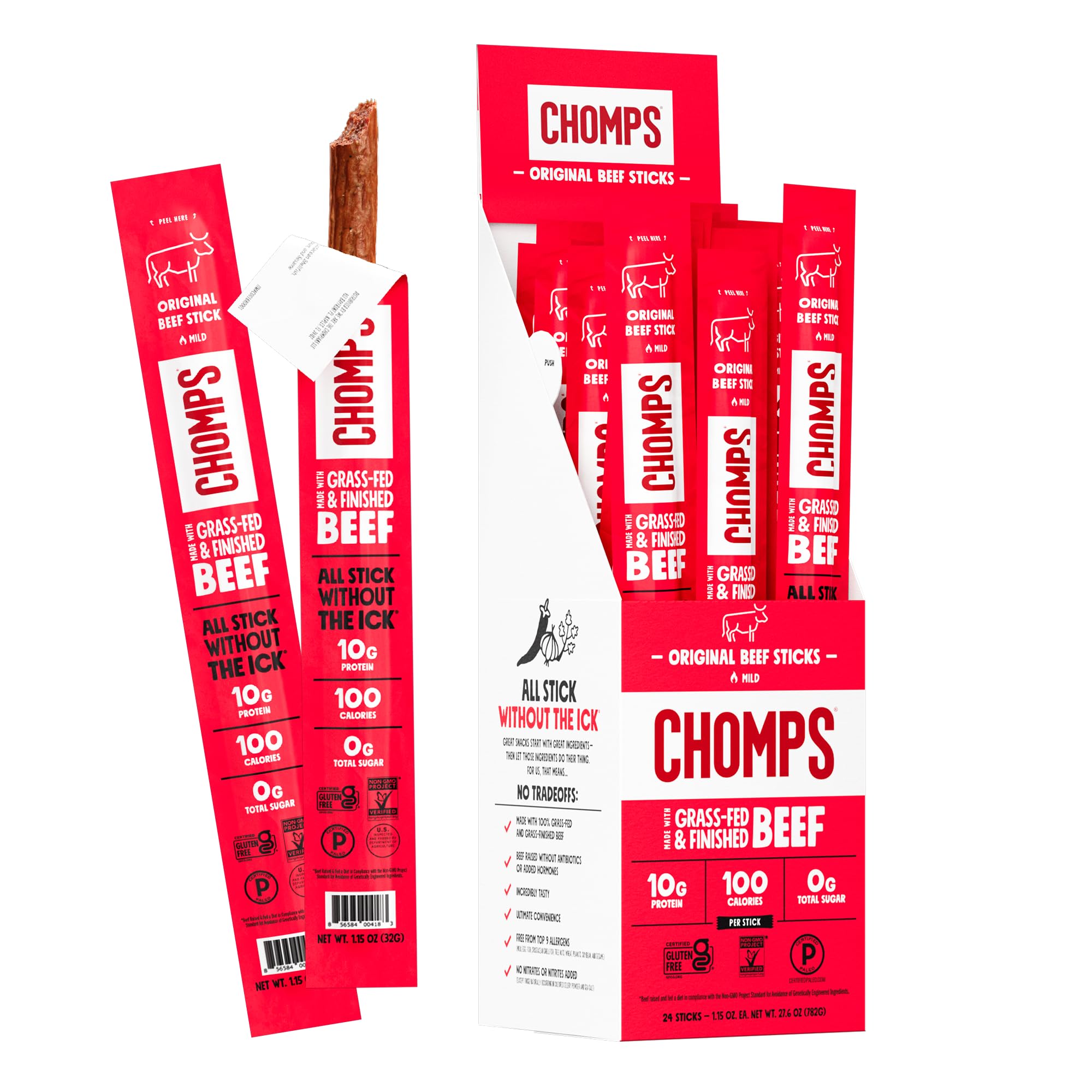 Chomps palitos frente del pack de 24 unidades mostrando conveniencia y proteína