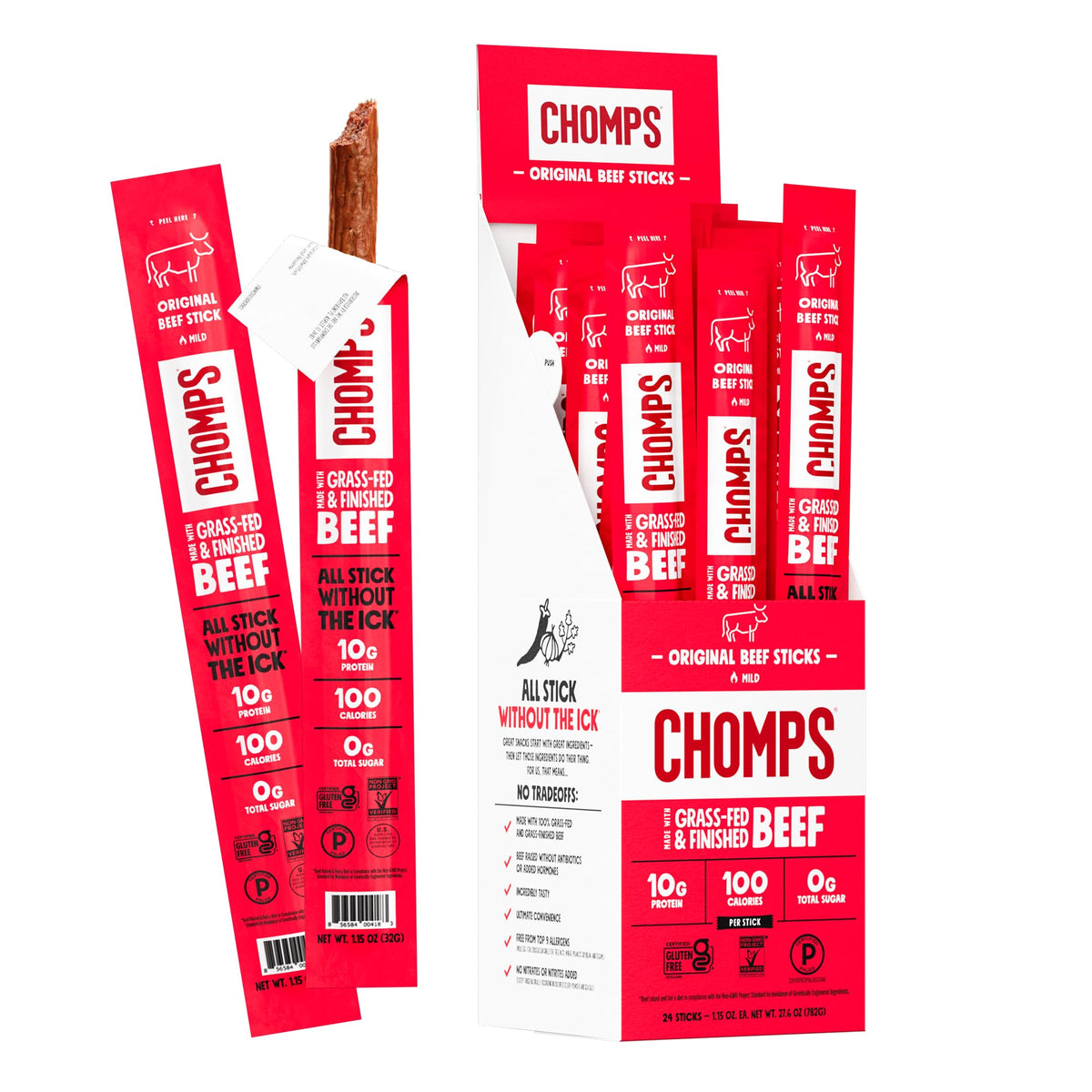 Chomps palitos frente del pack de 24 unidades mostrando conveniencia y proteína