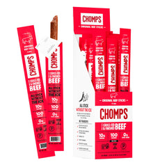 Chomps palitos frente del pack de 24 unidades mostrando conveniencia y proteína