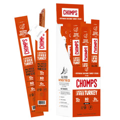 Chomps empaque frontal mostrando palitos pepperoni turkey, conveniencia lista para llevar
