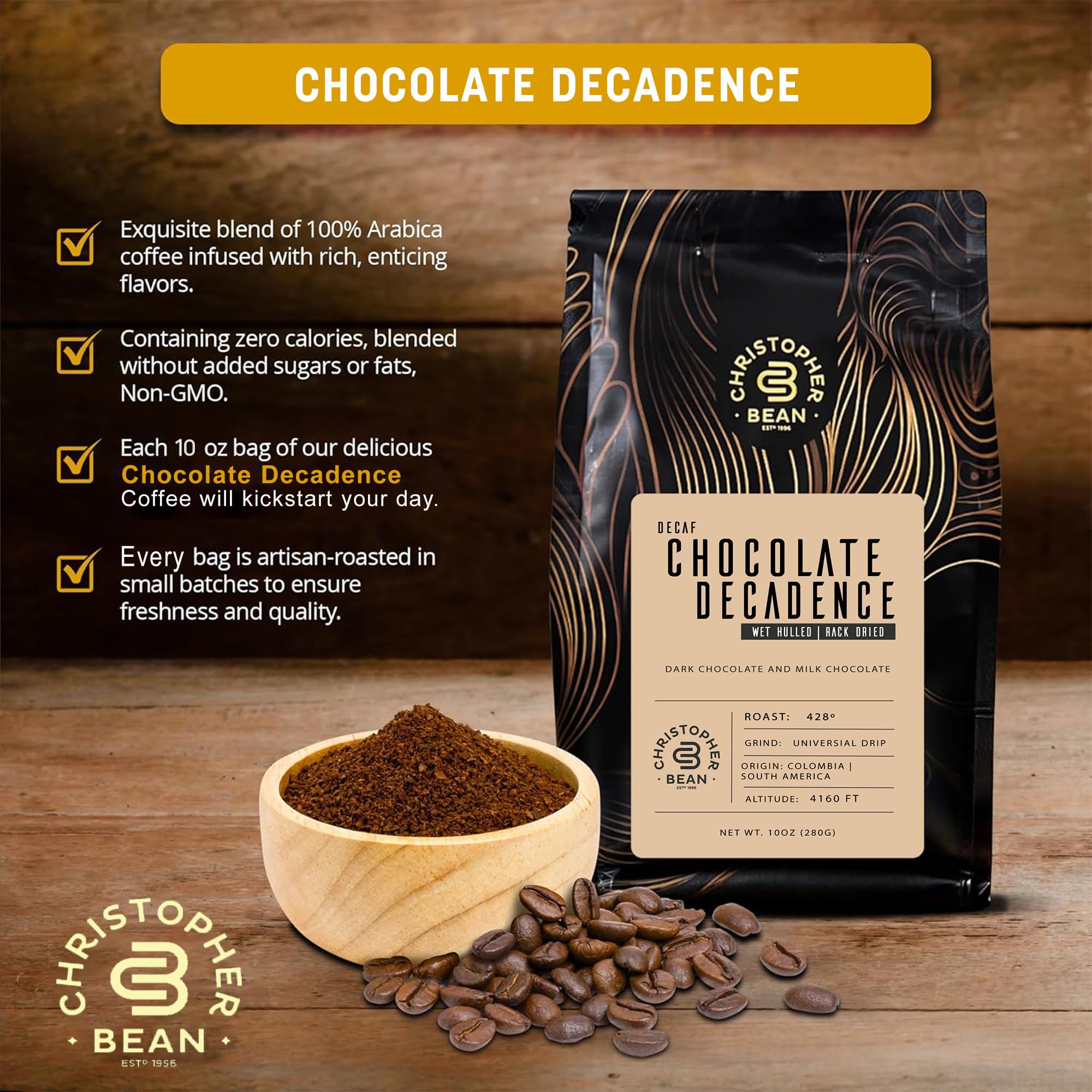Christopher Bean Coffee etiqueta destacando ingredientes no-GMO y sin azúcares ni grasas