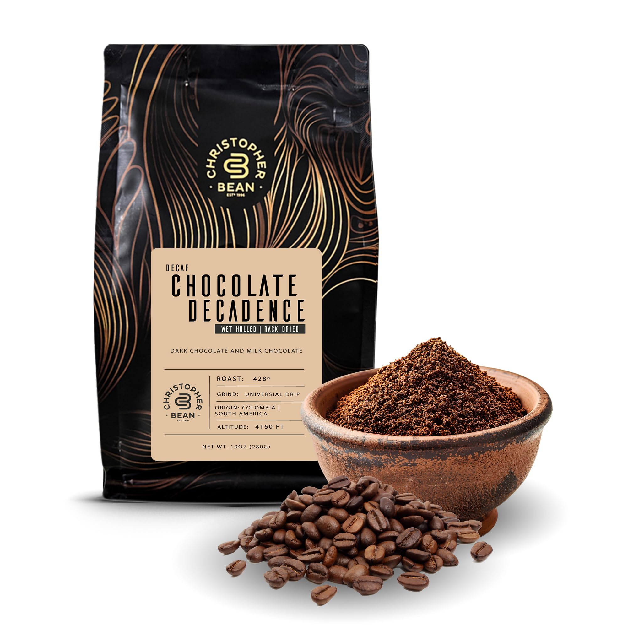 Christopher Bean Coffee frente de la bolsa de 10 oz mostrando el diseño y beneficio de frescura