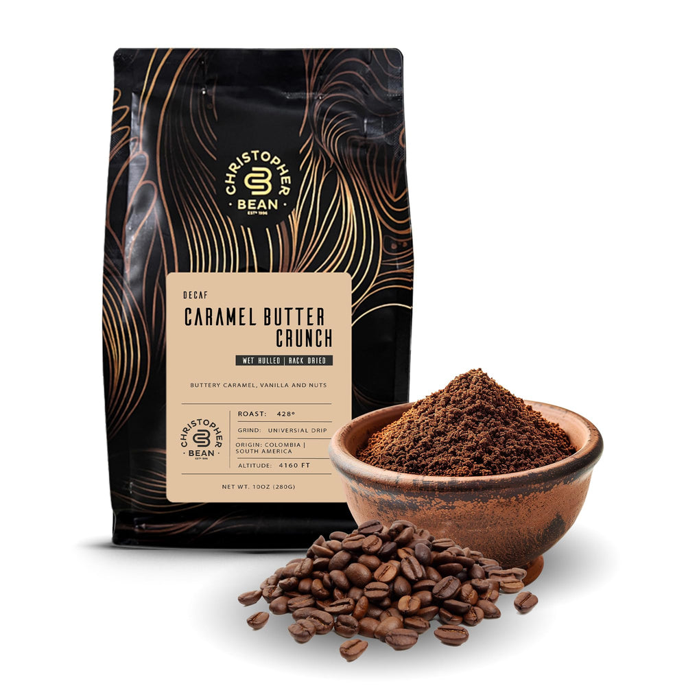 Christopher Bean Coffee frente de bolsa de 10 oz mostrando sabor y beneficio de frescura