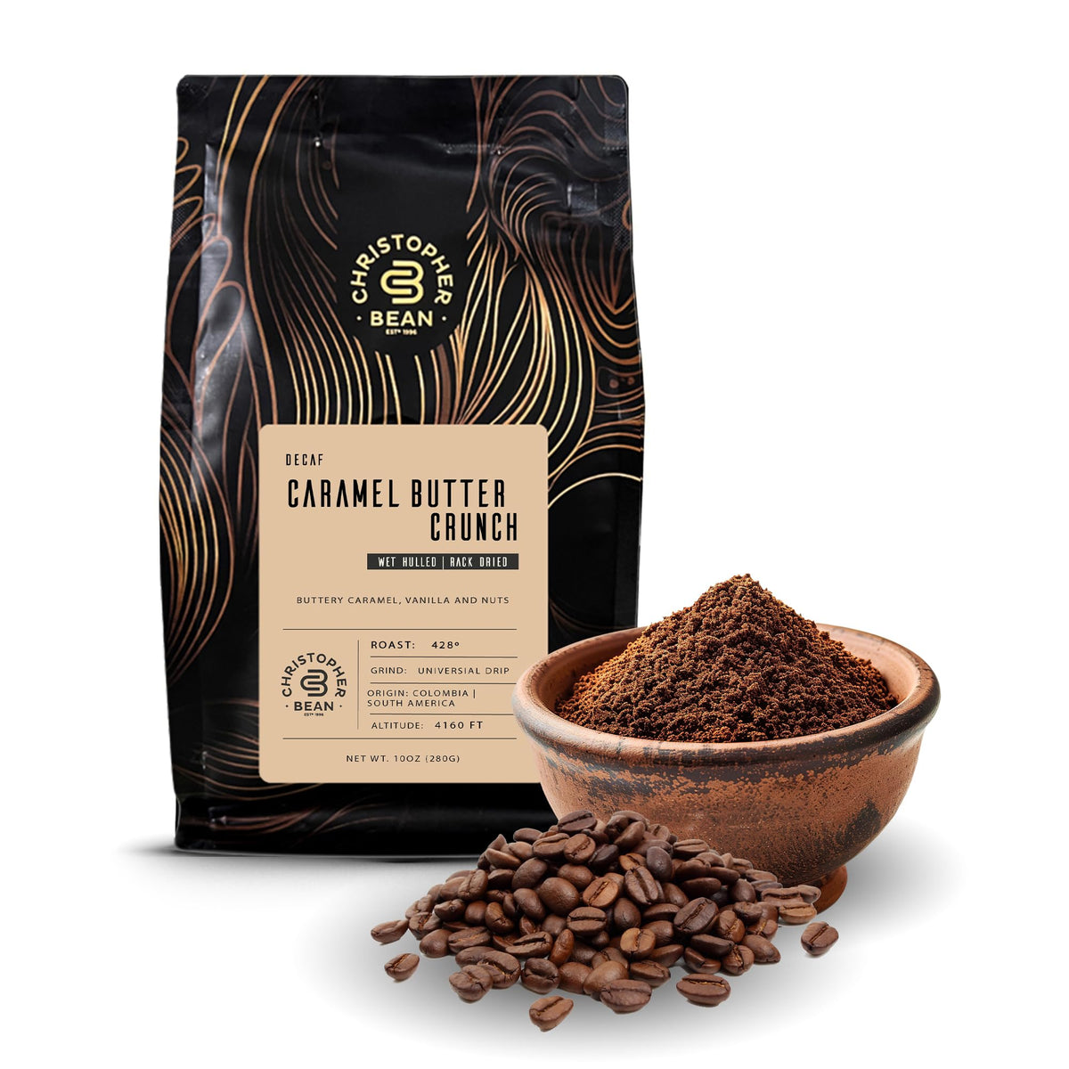 Christopher Bean Coffee frente de bolsa de 10 oz mostrando sabor y beneficio de frescura