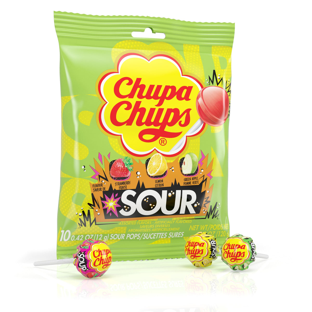 Chupa Chups vista frontal del paquete, colorido y llamativo