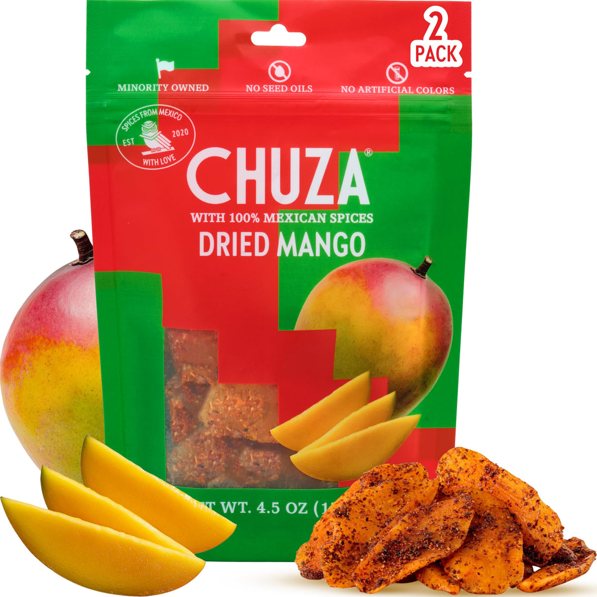 CHUZA frente del paquete mostrando mango seco y resellado beneficio portable