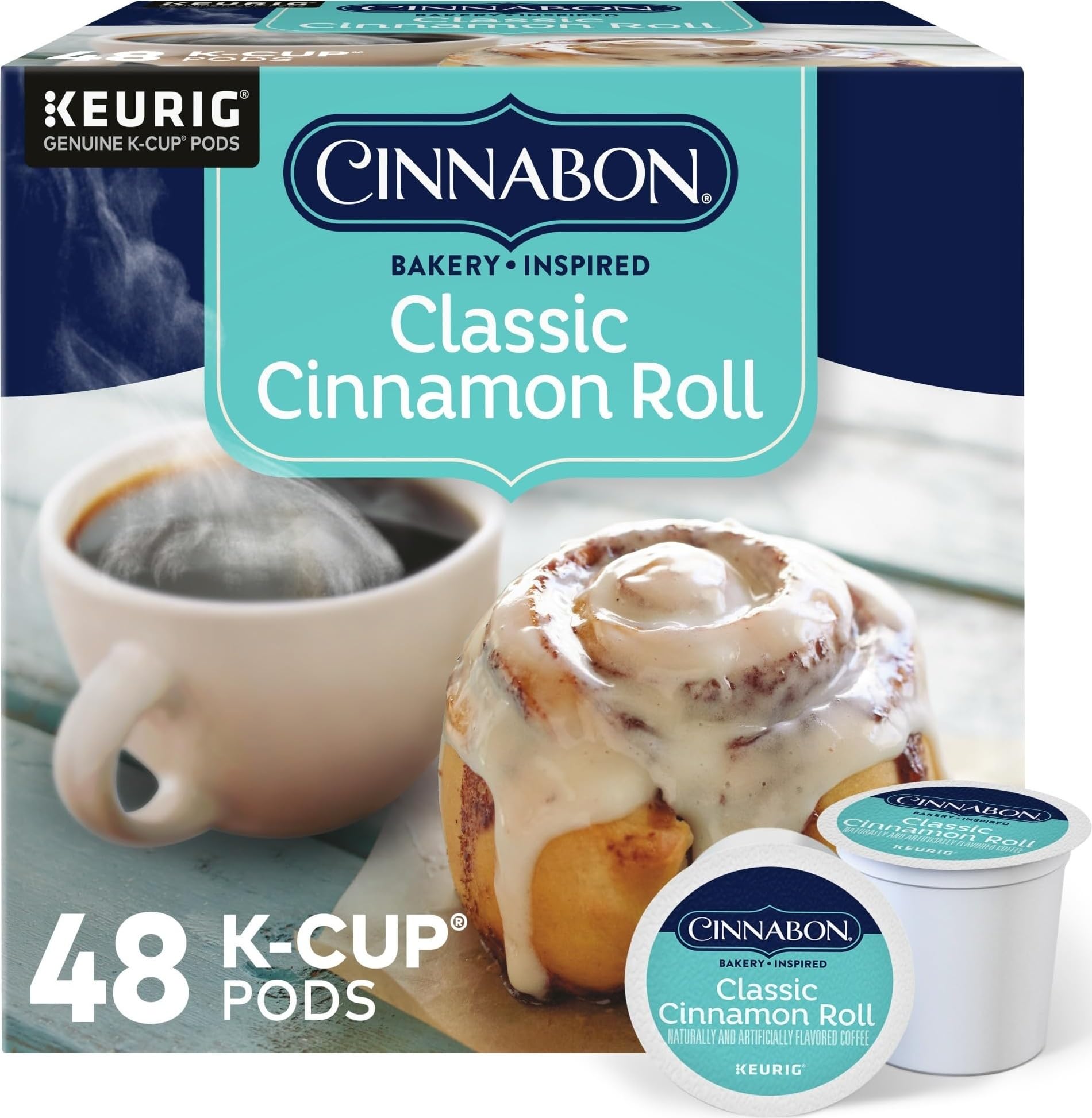CINNABON empaque frontal mostrando 48 cápsulas y beneficio conveniencia