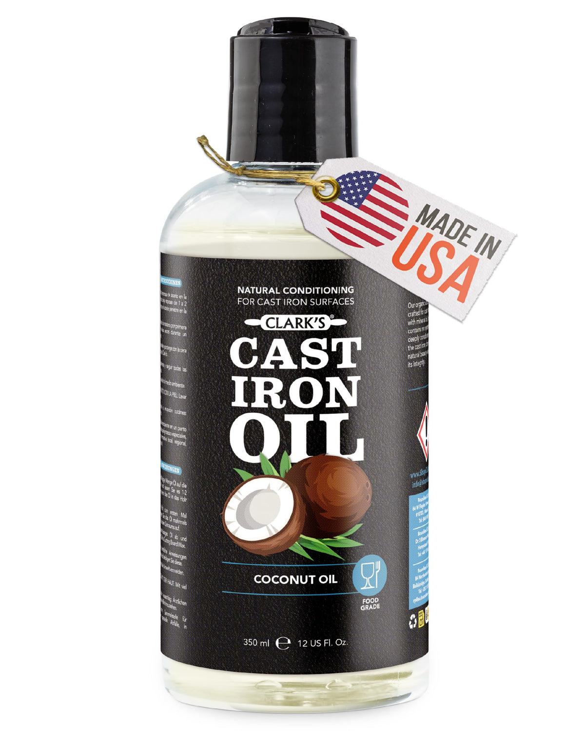 CLARK'S botella frontal mostrando aceite de sazonar, protección contra óxido