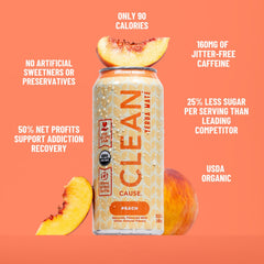 CLEAN CAUSE lata abierta sin gas mostrando bebida clara y refrescante