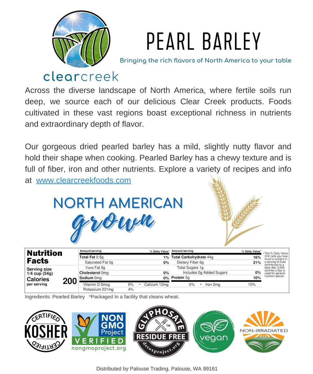 CLEAR CREEK etiqueta con certificaciones Non-GMO y Kosher visible