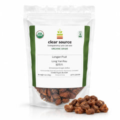 Clear Source longan frente del paquete mostrando certificación orgánica y beneficio de confianza