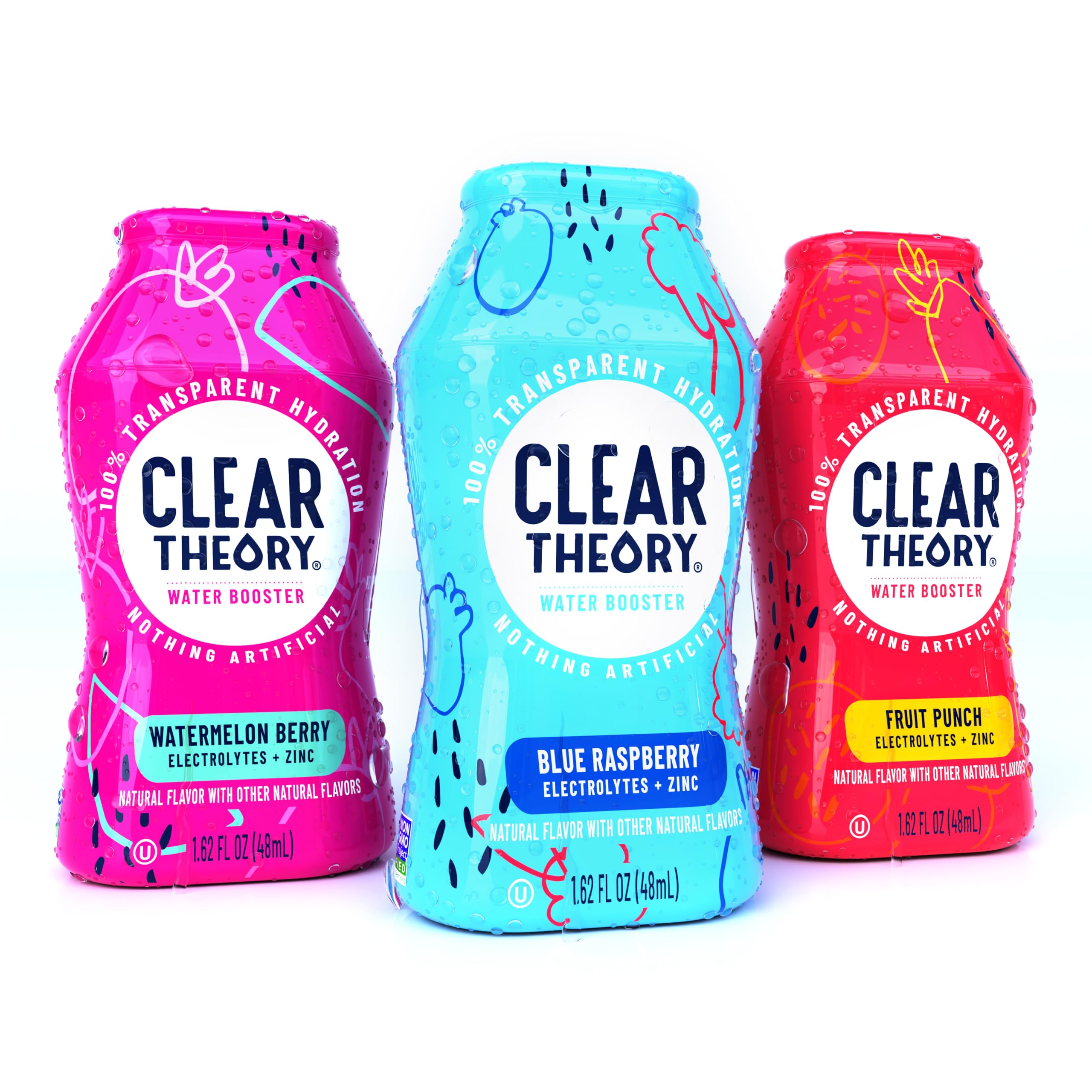 Clear Theory frente del empaque mostrando el pack de tres botellas y beneficios claros