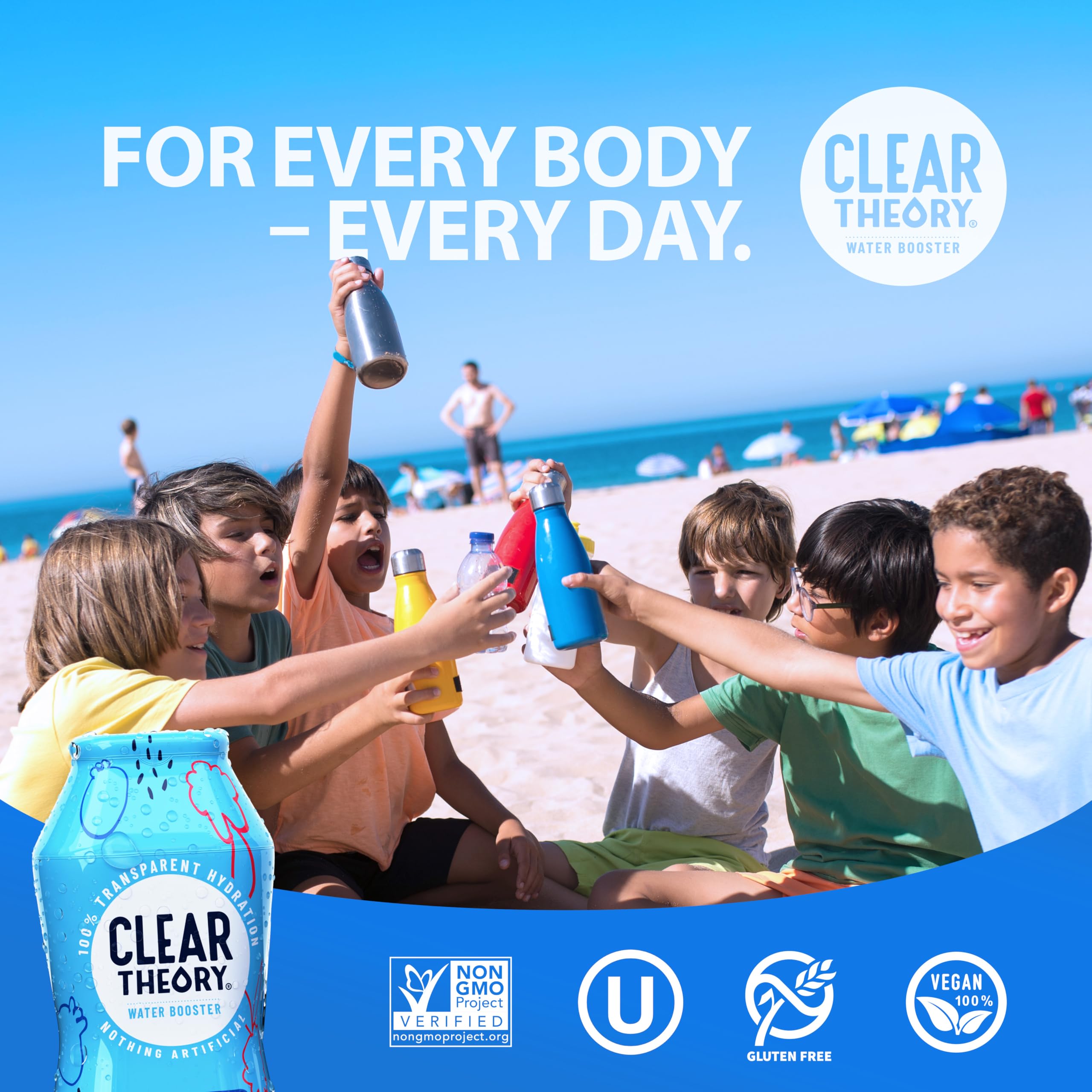Clear Theory familia usando las gotas en botellas de agua para hidratar a niños