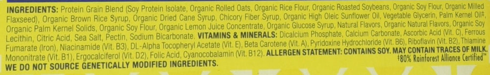 Clif Bar Luna Bar etiqueta de ingredientes destacando proteína de soja y declaraciones veganas
