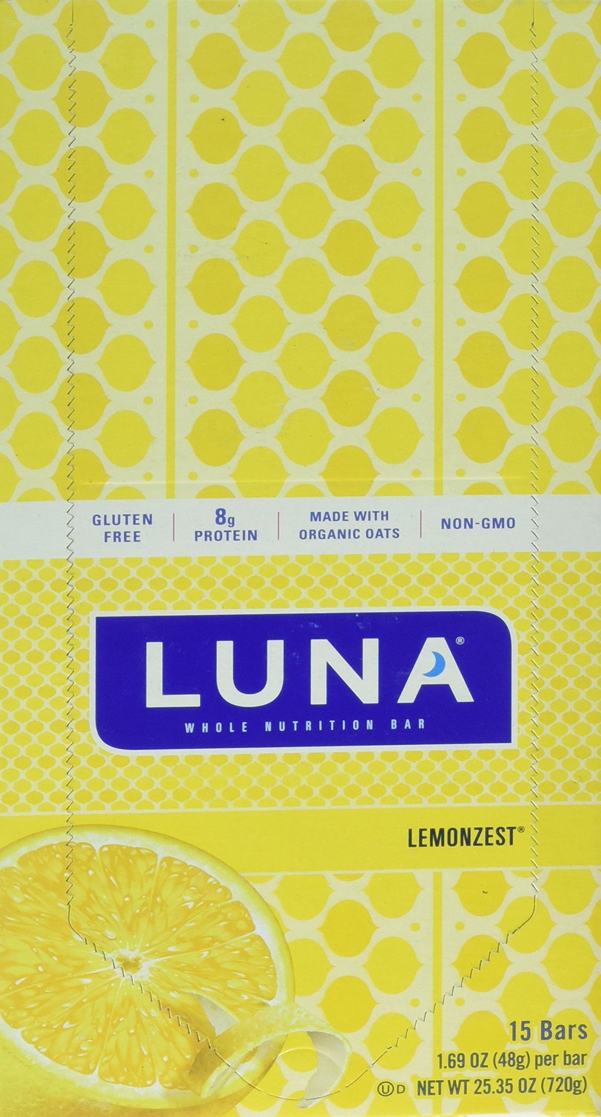Clif Bar Luna Bar frontal del empaque mostrando 15 unidades y diseño amarillo