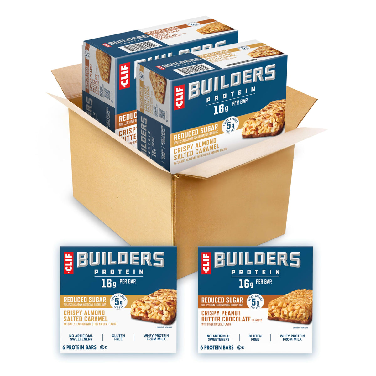 CLIF BUILDER'S frente del empaque mostrando variedad y beneficios