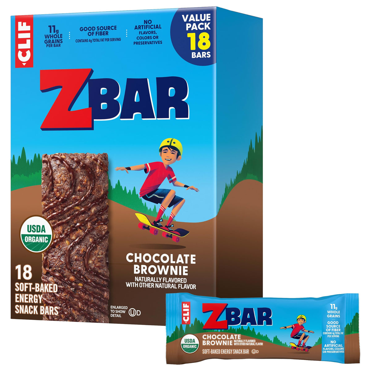 Clif Kid ZBar paquete frontal mostrando caja y sabor Chocolate Brownie, ideal para loncheras