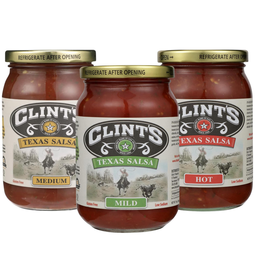 Clint's frasco frontal del pack sampler mostrando tres sabores y atractivo visual