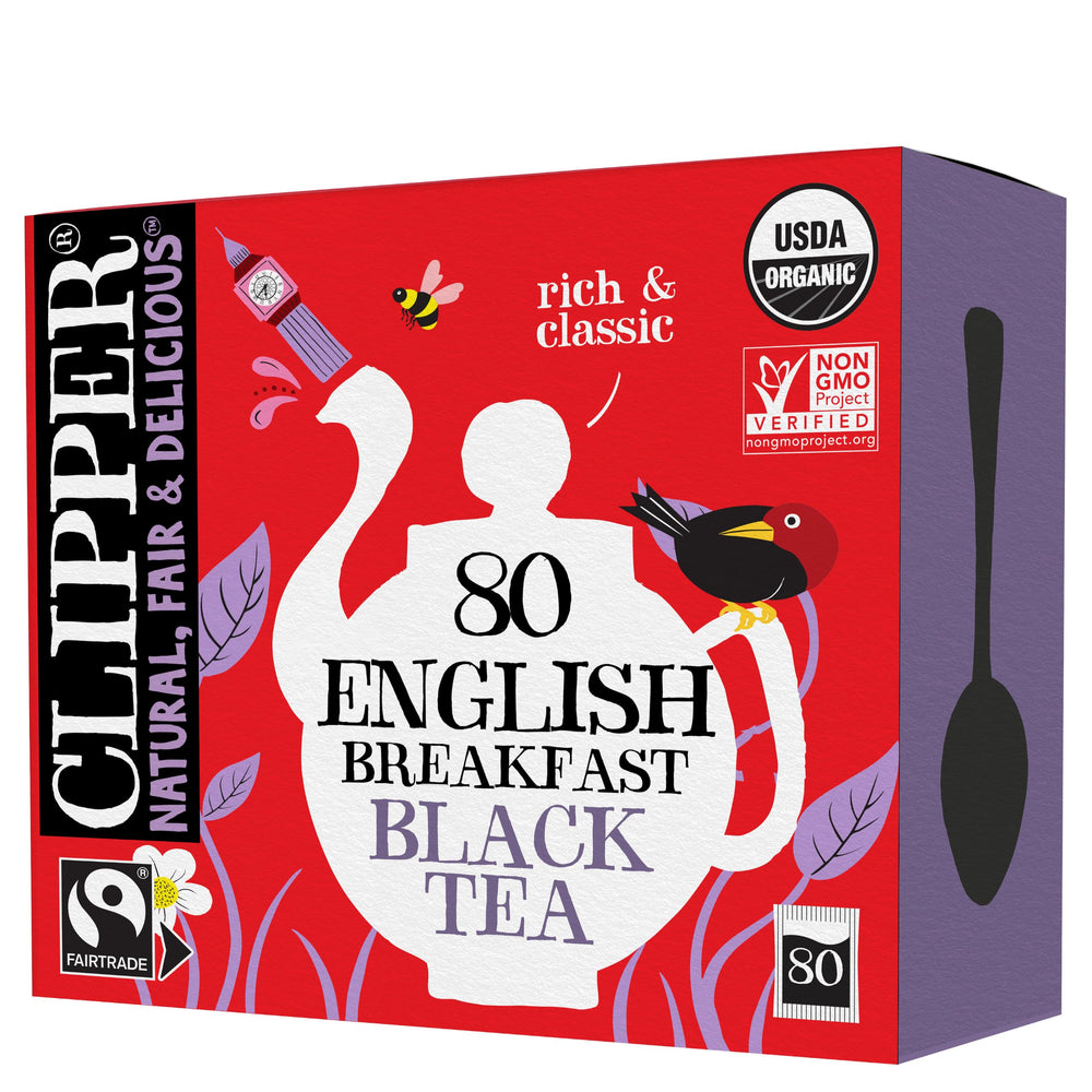 Clipper Tea envase frontal mostrando 80 bolsitas y beneficio de frescura