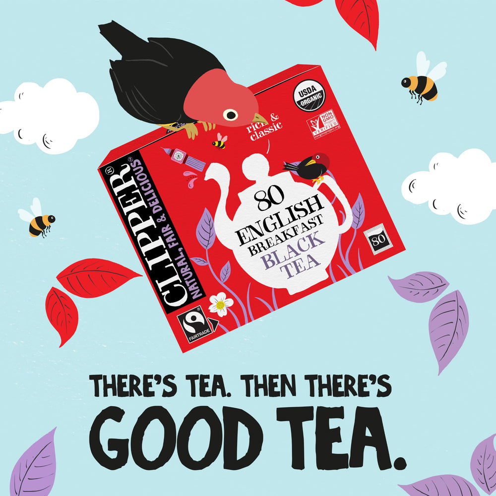 Clipper Tea etiqueta con certificaciones orgánico y comercio justo visibles