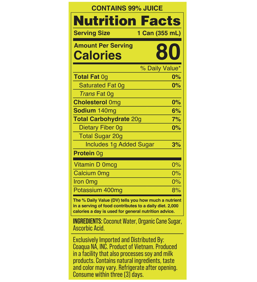 Etiqueta nutricional de CoAqua mostrando ingredientes simples y bajo azúcar