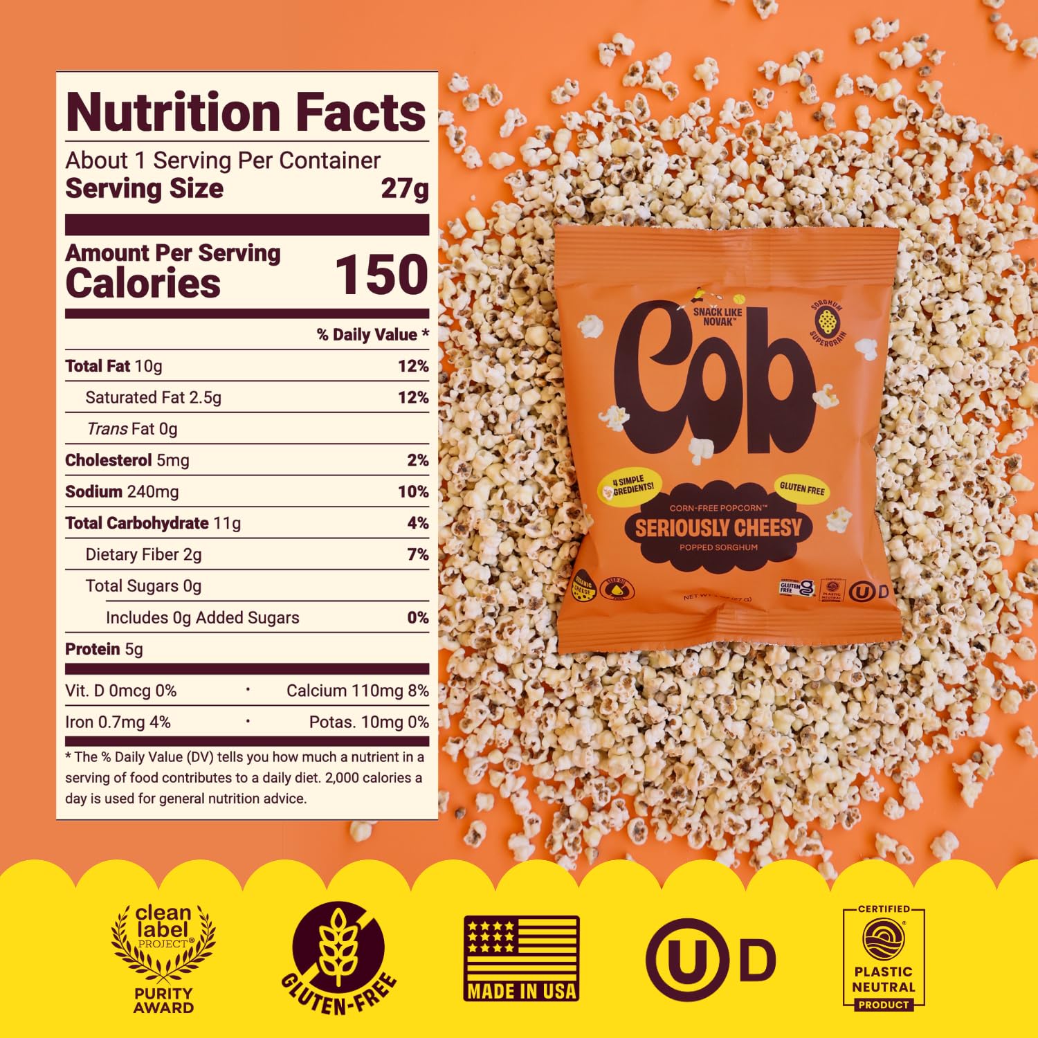 Cob primer plano de textura crujiente de sorgo y recubrimiento de queso
