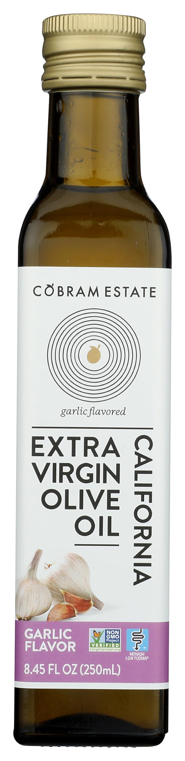 Cobram Estate botella frontal con aceite de ajo, aspecto premium y fácil uso