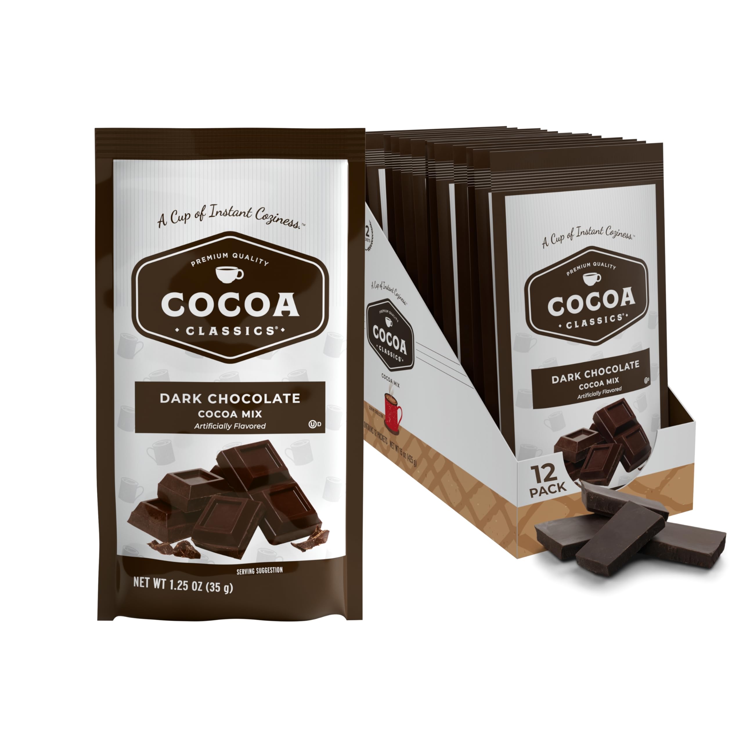 Cocoa Classics empaque frontal mostrando 12 sobres y marca, conveniencia inmediata