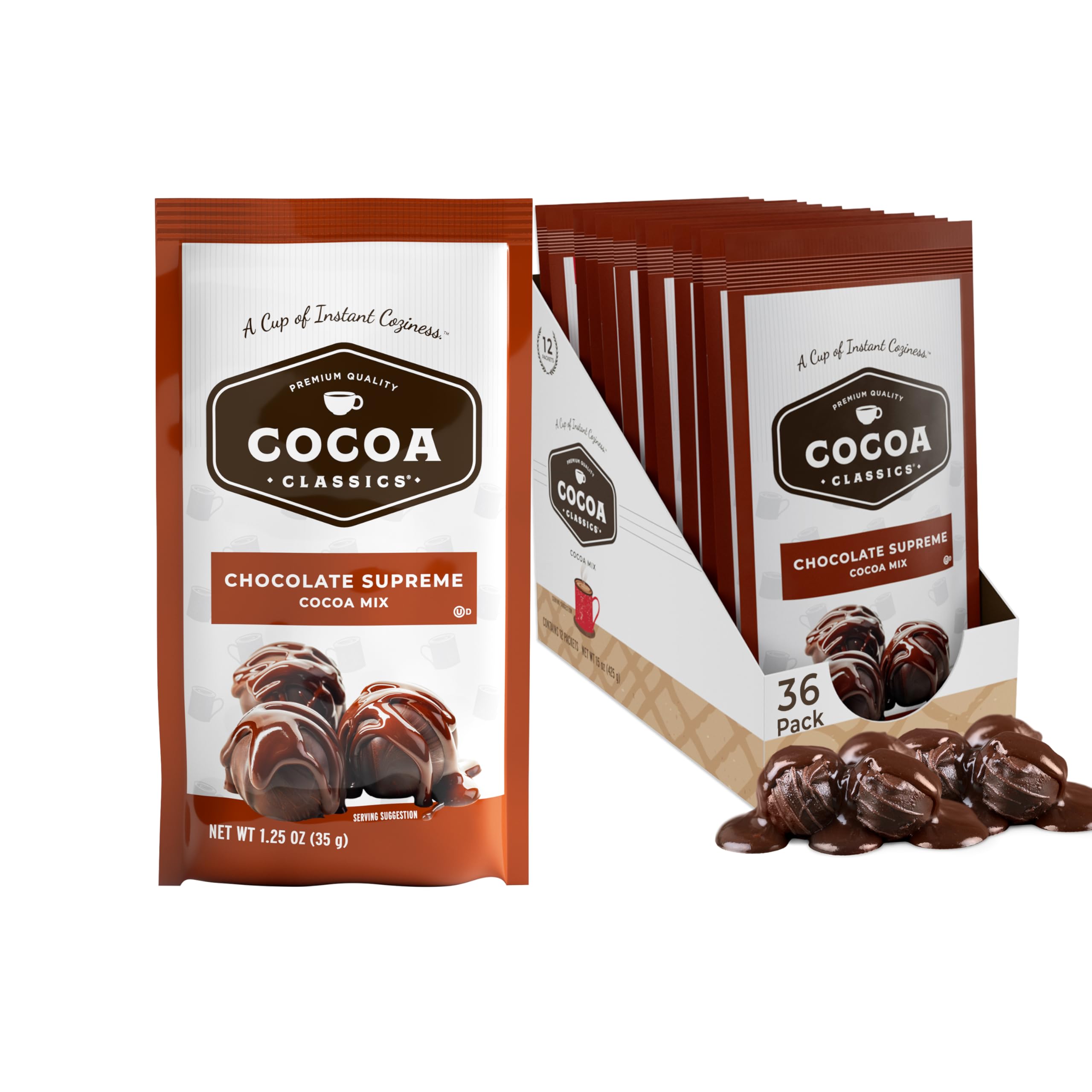 Cocoa Classics frente del empaque mostrando 36 sobres conveniente