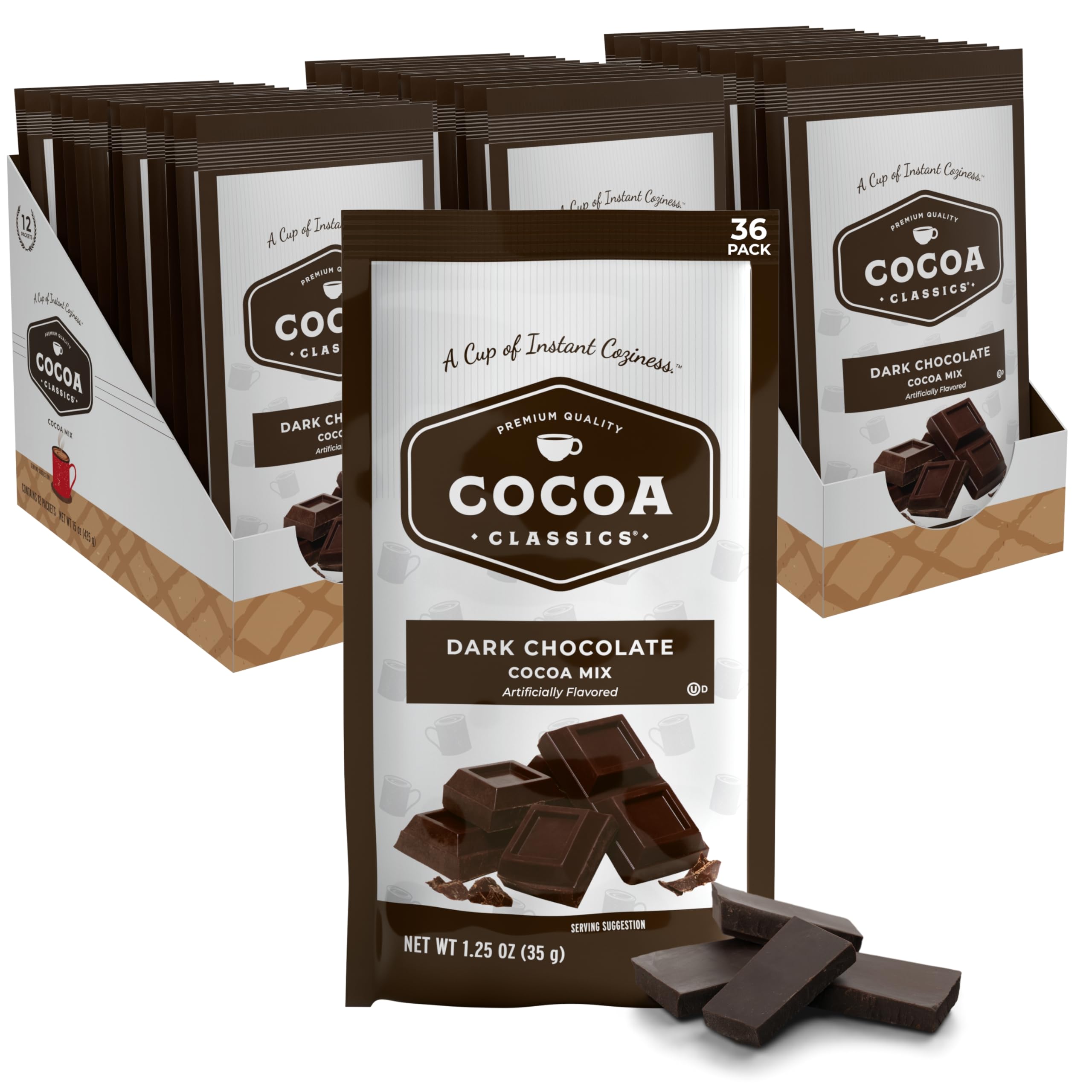 Cocoa Classics frente del empaque mostrando 36 sobres y conveniencia