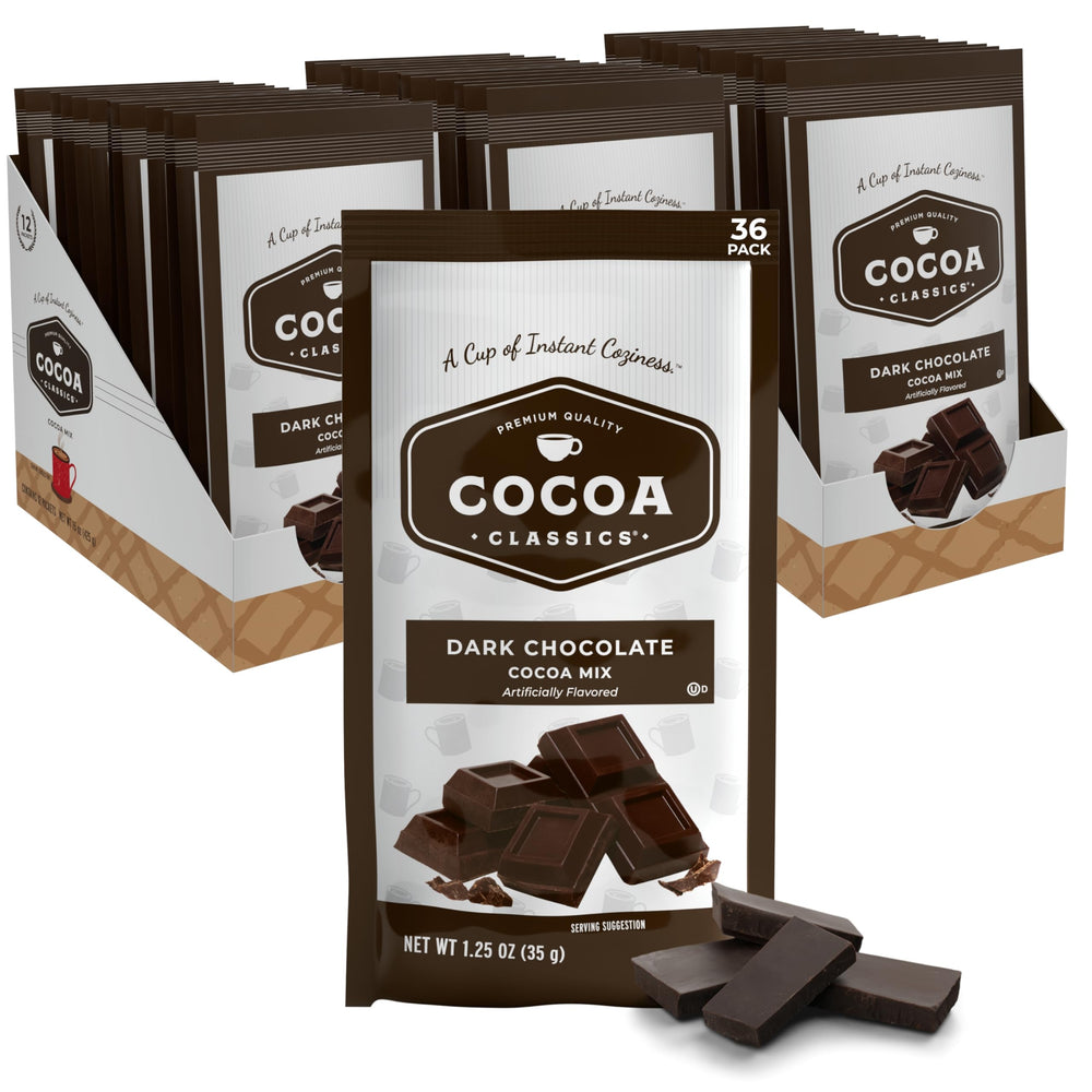 Cocoa Classics frente del empaque mostrando 36 sobres y conveniencia