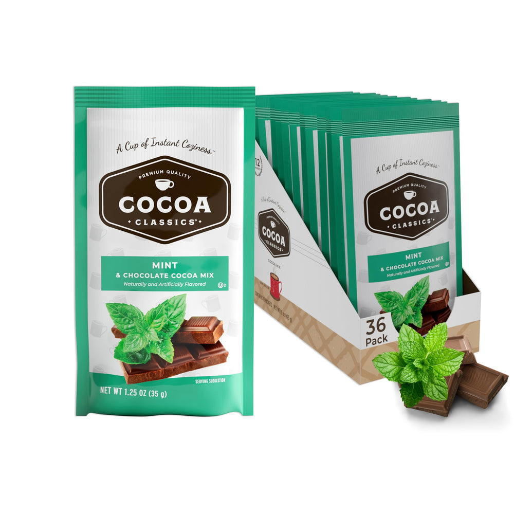 Cocoa Classics paquete frontal mostrando 36 sobres y beneficios de conveniencia