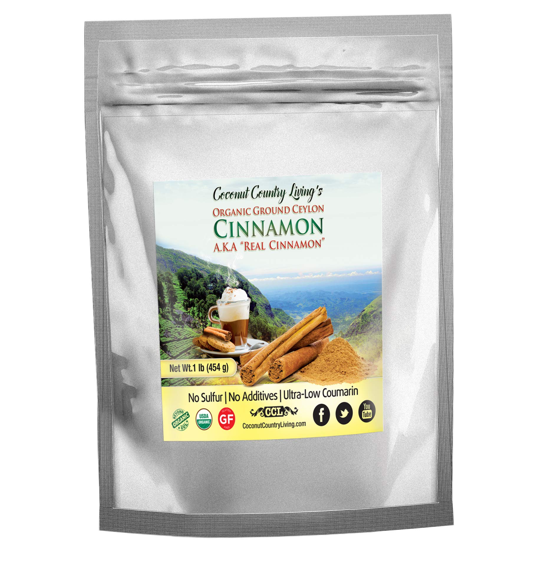Coconut Country Living's bolsa frontal mostrando canela de Ceilán y su envase resellable