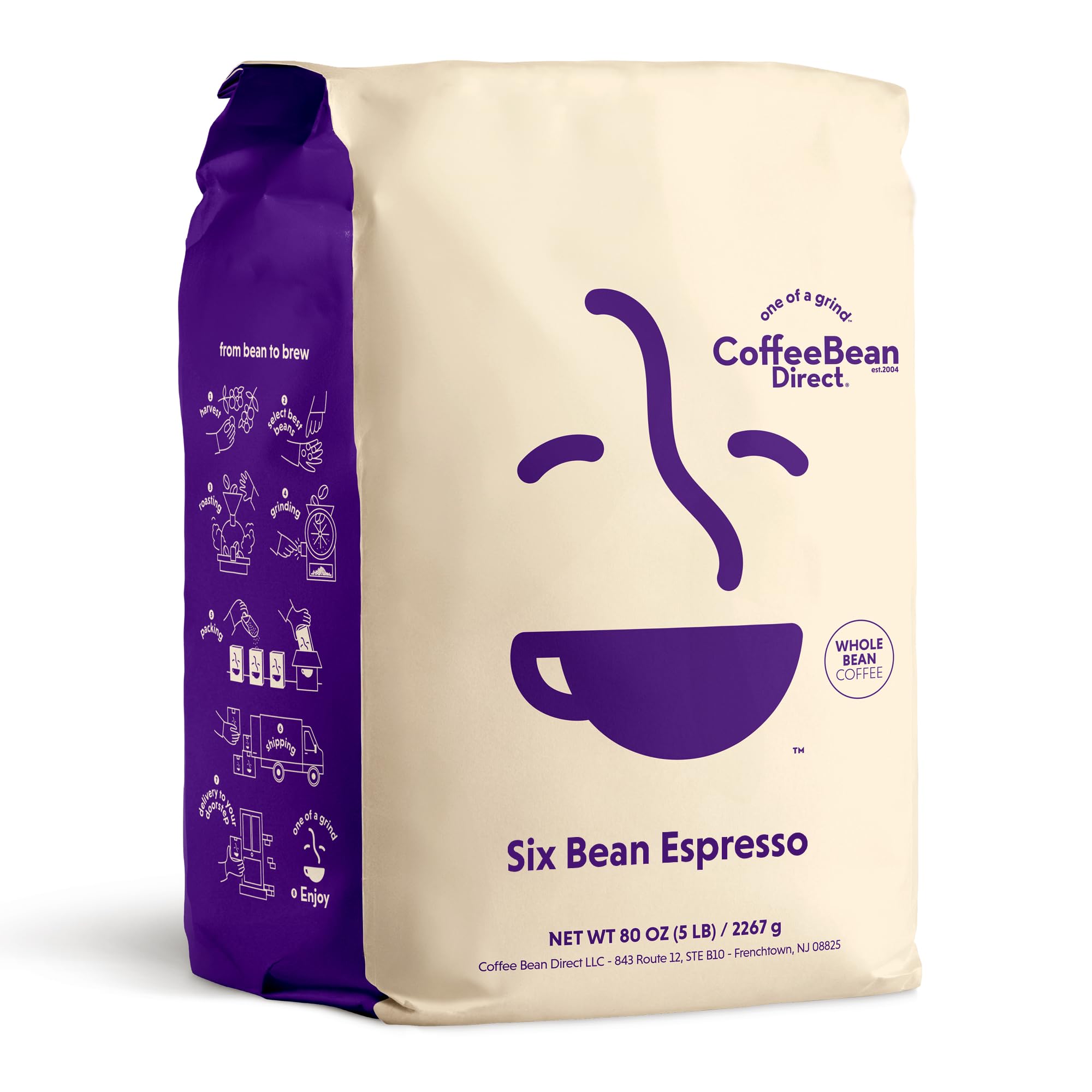 Coffee Bean Direct bolsa frontal 5 lb mostrando empaque resistente y conservación