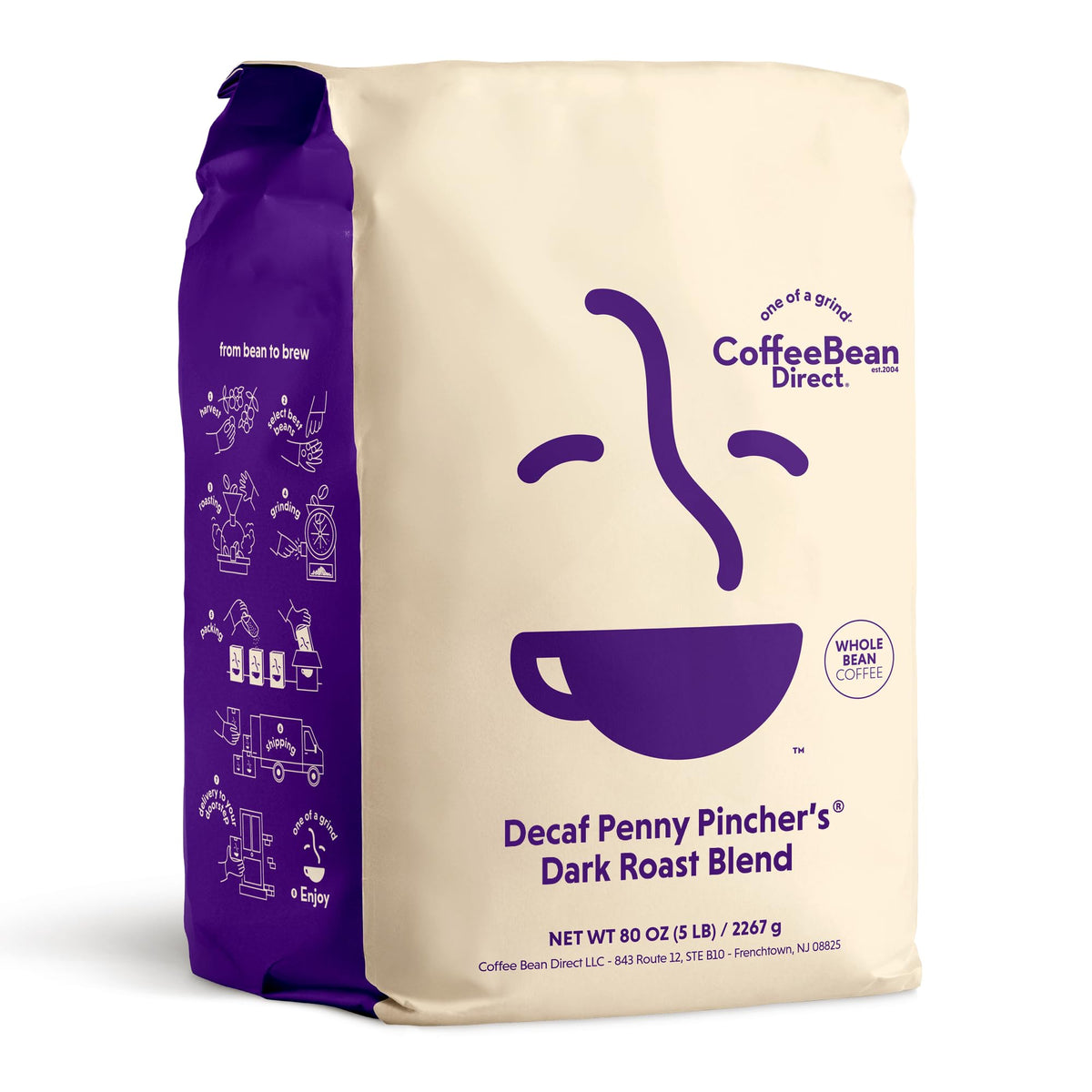 Coffee Bean Direct bolsa frontal 5 lb mostrando marca y tamaño para ahorro