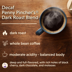 Coffee Bean Direct primer plano de granos descafeinados destacando textura y frescura