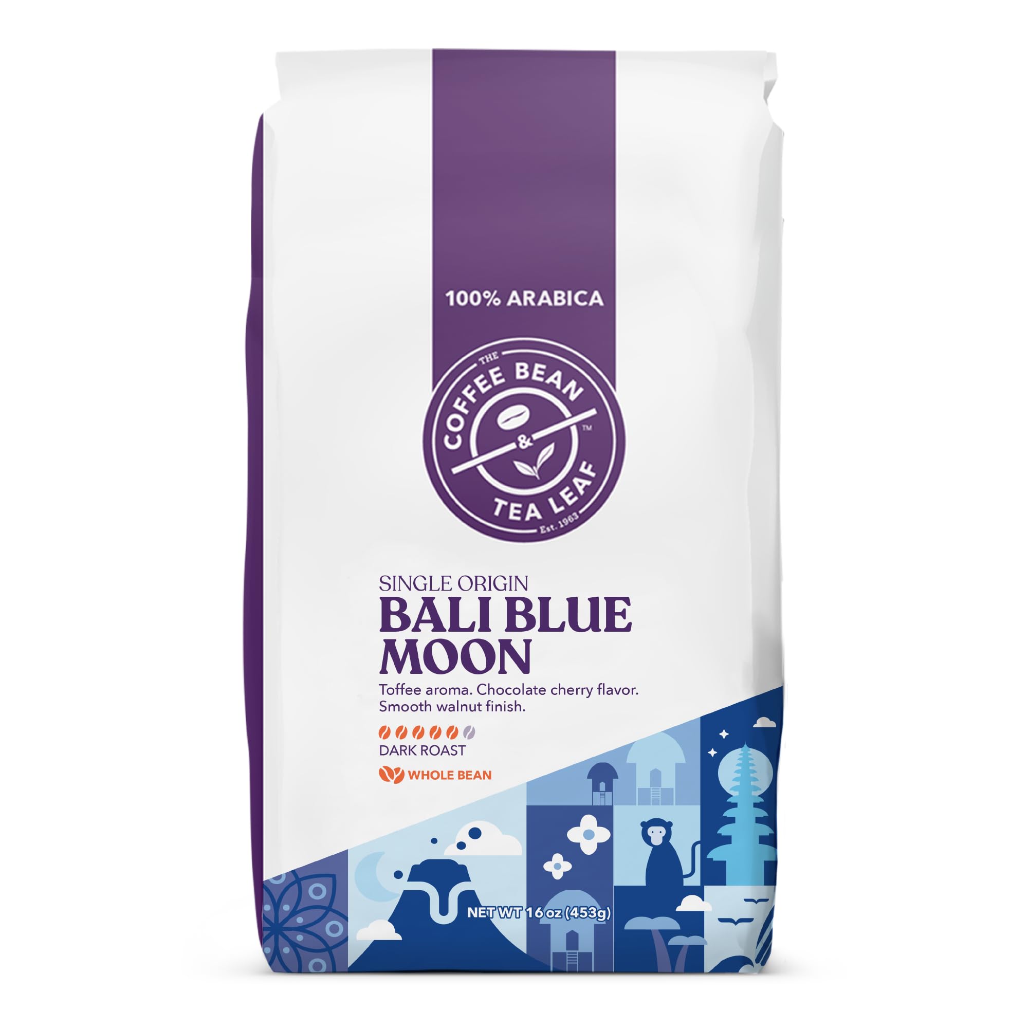 Coffee Bean & Tea Leaf paquete frontal mostrando la etiqueta y aroma toffee