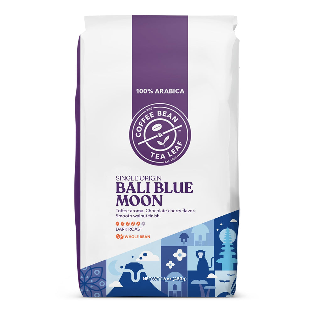 Coffee Bean & Tea Leaf paquete frontal mostrando la etiqueta y aroma toffee