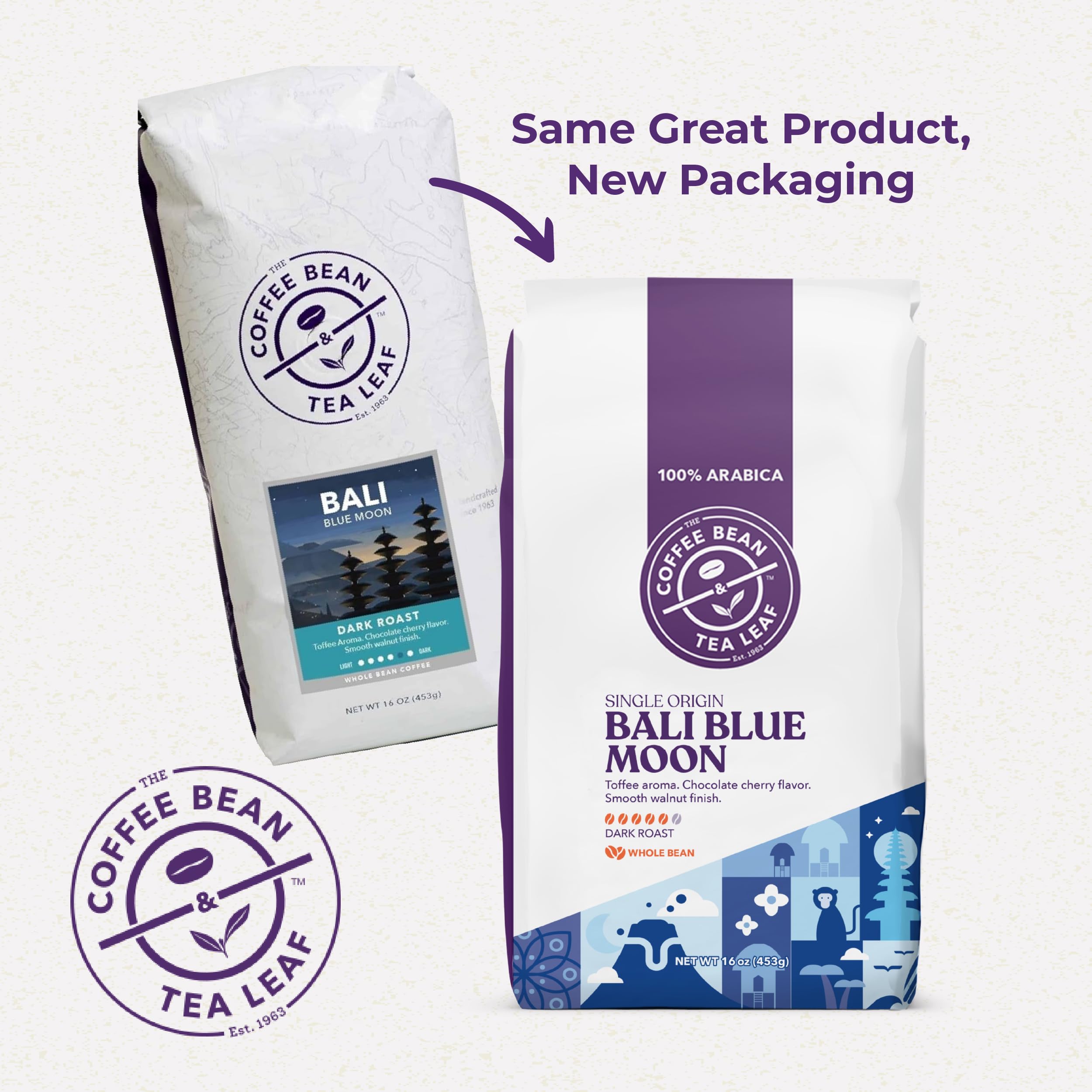 Coffee Bean & Tea Leaf primer plano de granos que resalta textura y frescura