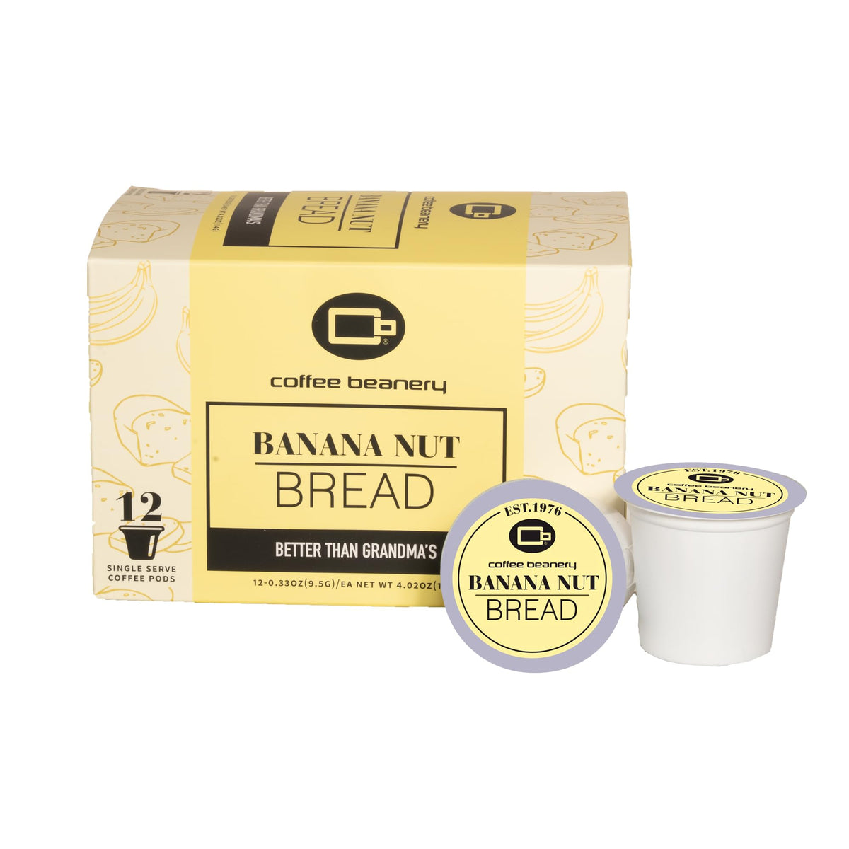 Coffee Beanery caja frontal banana nut bread mostrando diseño y beneficio aromatico