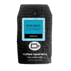 Coffee Beanery paquete frontal de Hawaiian Coconut mostrando diseño y beneficio preserva frescura