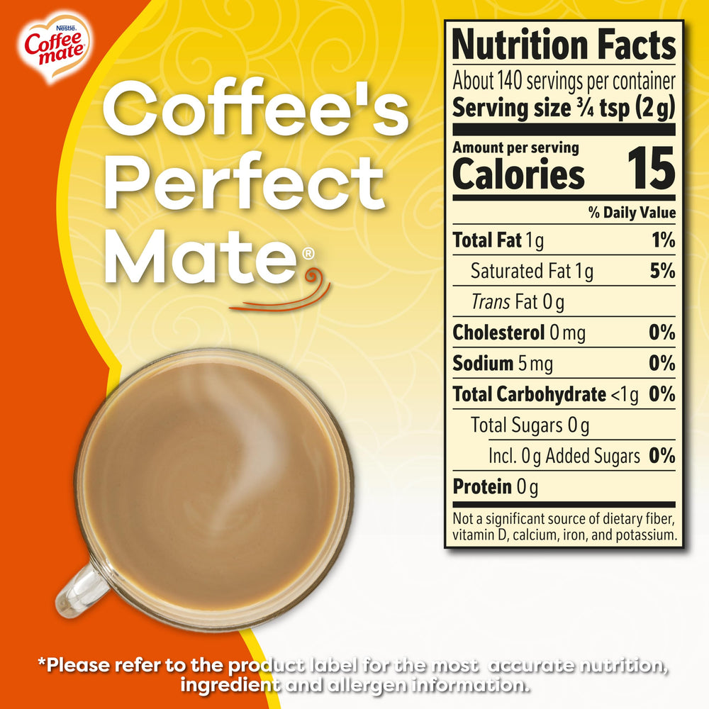 Coffee‑Mate lata junto a una regla para comparar tamaño y porciones disponibles