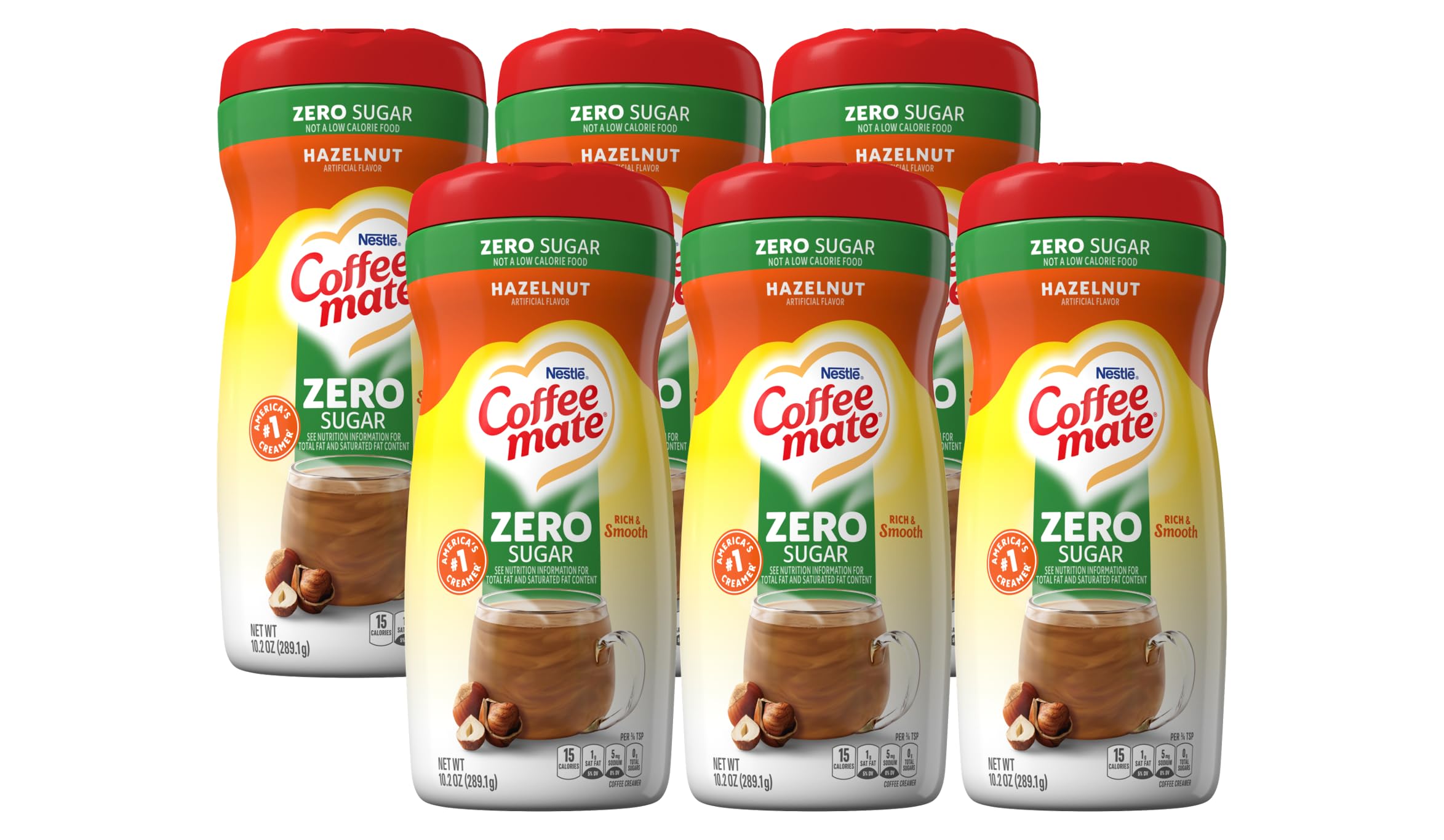 Coffee‑Mate frente del pack mostrando las seis latas y sabor avellana, conveniencia de stock