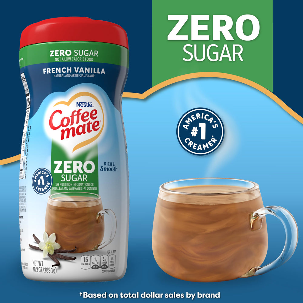 Coffee-mate envase en mano para comparar tamaño y rendimiento