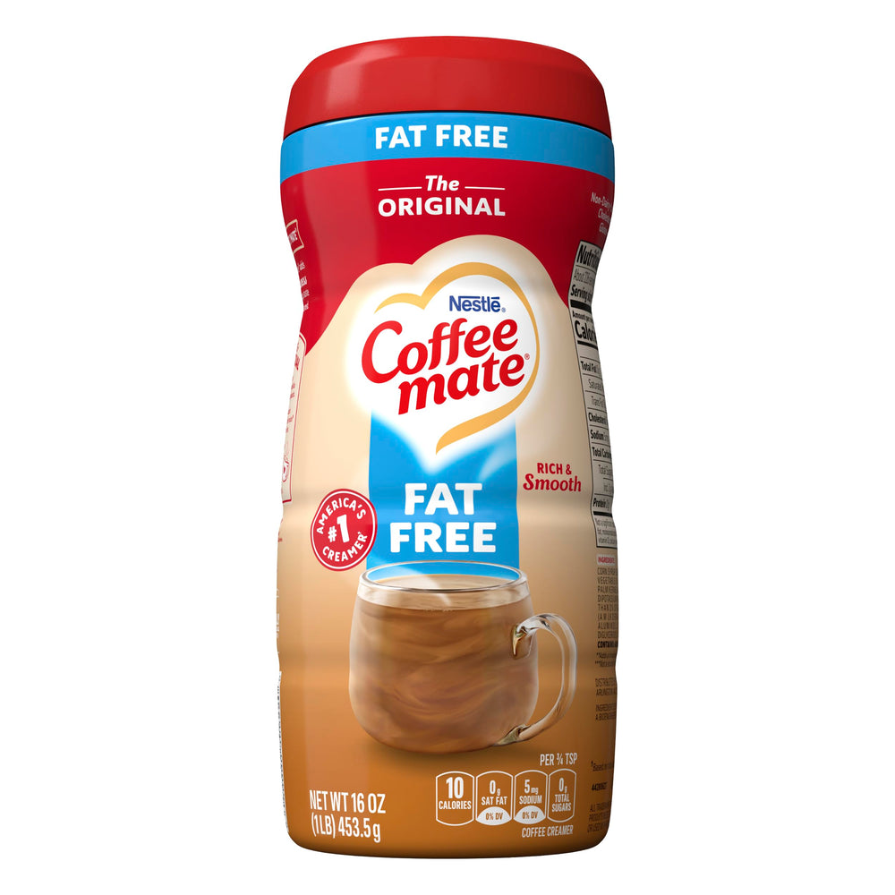 Coffee Mate envases apilados mostrando paquete de 12 para ahorro y reserva