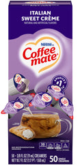 Coffee-mate vista frontal de la caja muestra pack de 50 monodosis y conveniencia