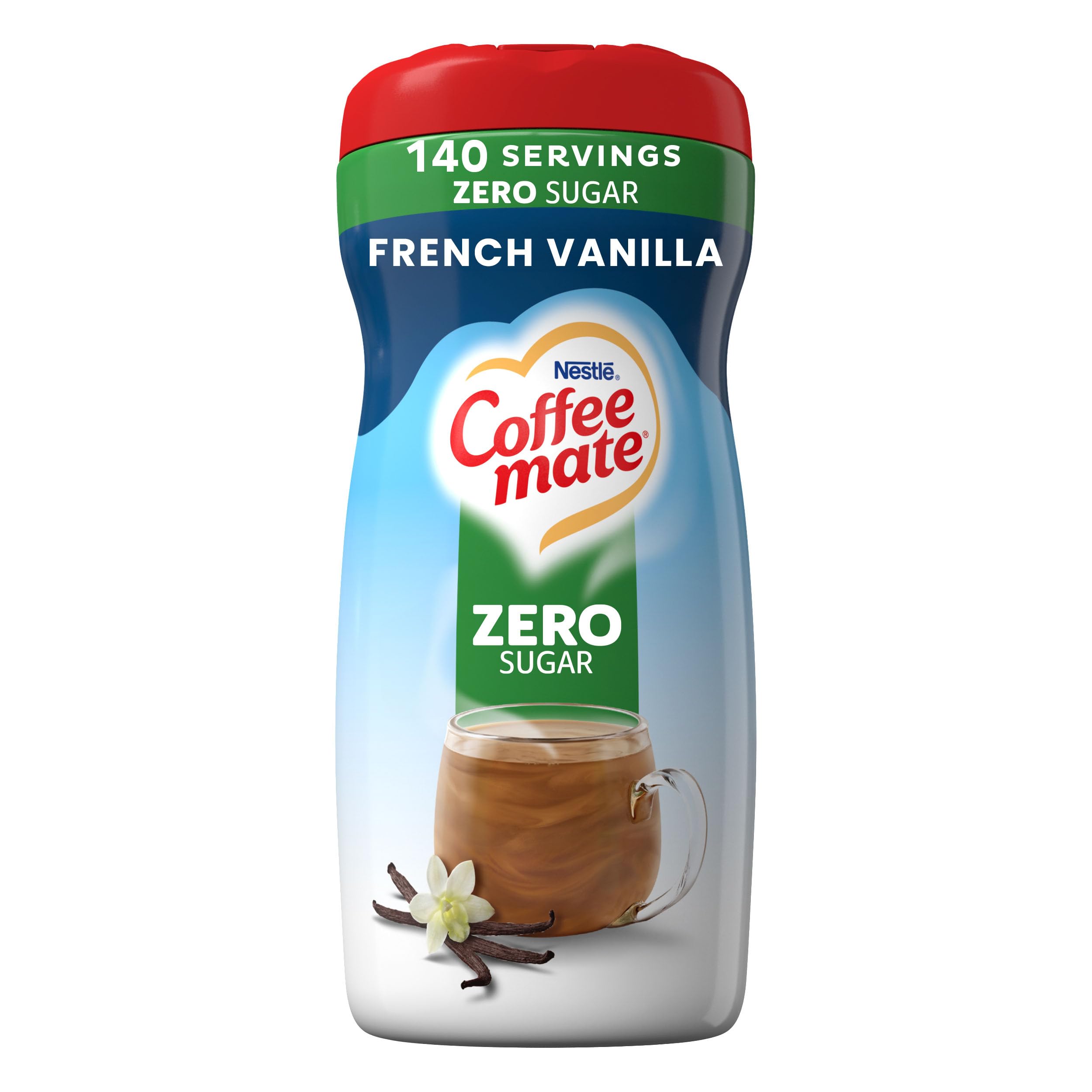 Coffee-mate bote frontal mostrando etiqueta y ventaja sin azúcar