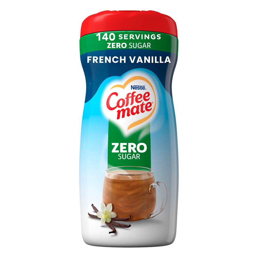 Coffee-mate bote frontal mostrando etiqueta y ventaja sin azúcar