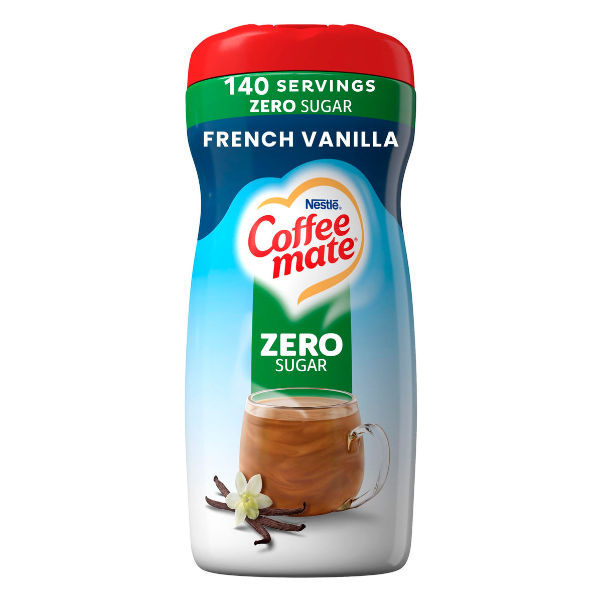 Coffee-mate bote frontal mostrando etiqueta y ventaja sin azúcar